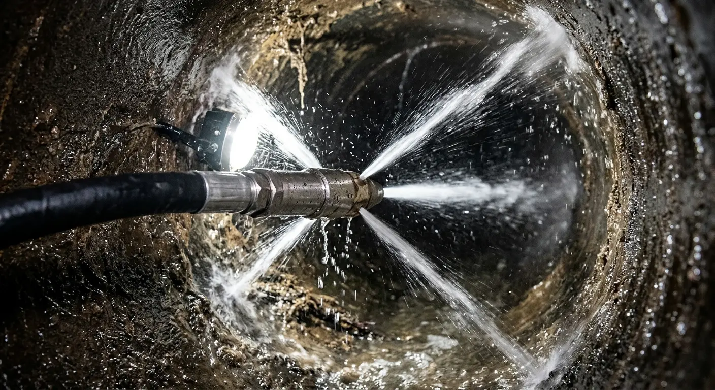 High-pressure hydro jetting nozzle cleaning sewer pipe for Emergency Drain Service in Seattle