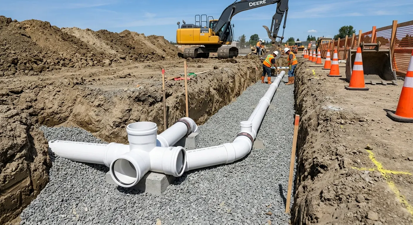 New PVC sewer pipe installation in open trench for Grease Trap Cleaning in Seattle