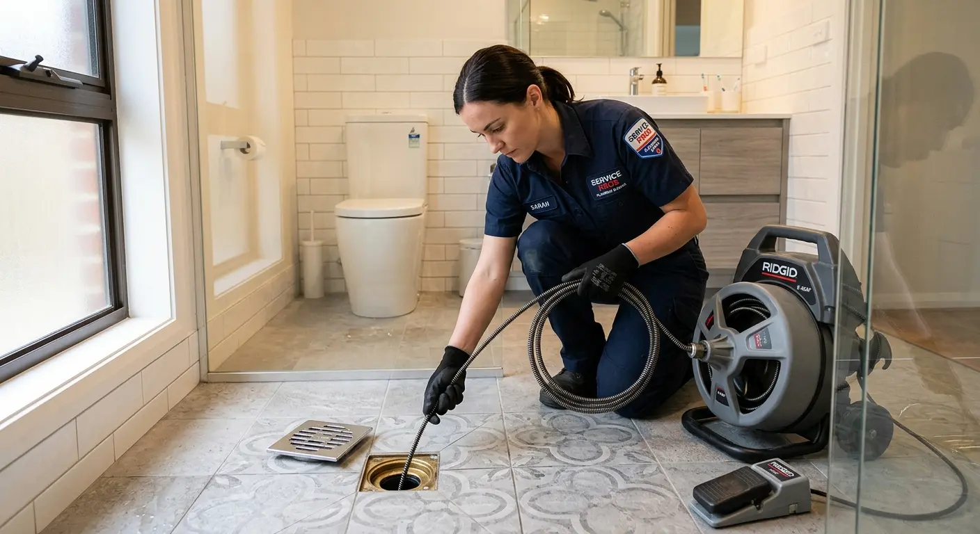 Technician clearing a bathroom floor drain for Sewer Line Replacement in Seattle